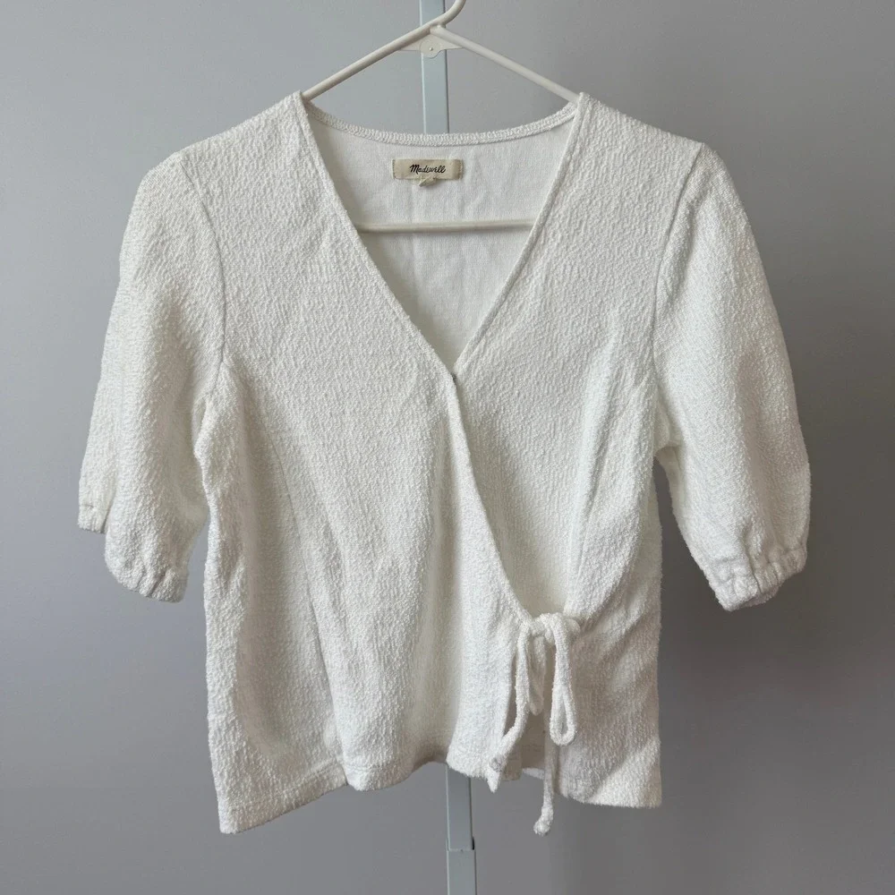 Madewell S White Wrap Top Textured Cotton Puff Sleeve Preppy Classic Minimalist